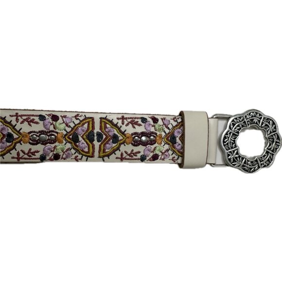 Vintage Lucky Brand Leather Belt M Floral Embroidered Boho Y2K Western Hippie - Picture 6 of 9